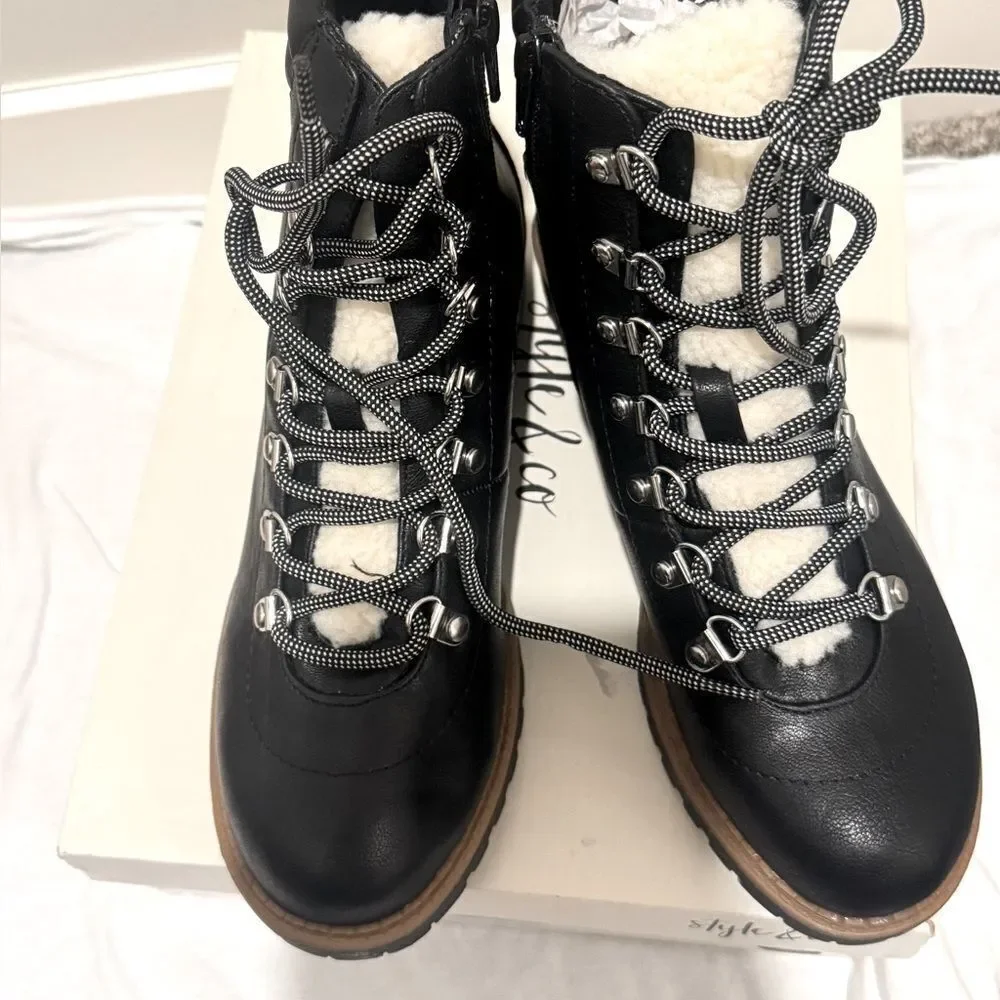 Style & Co Women Lug Sole Combat Boot Maariah Size US 7 Black Faux Leather new